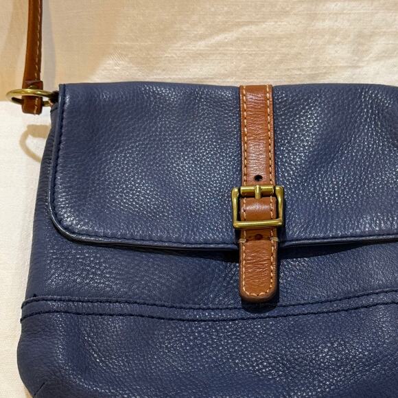 Fossil Blue Pebbled Leather Crossbody Bag Brown Trim Vintage Style - Picture 6 of 15